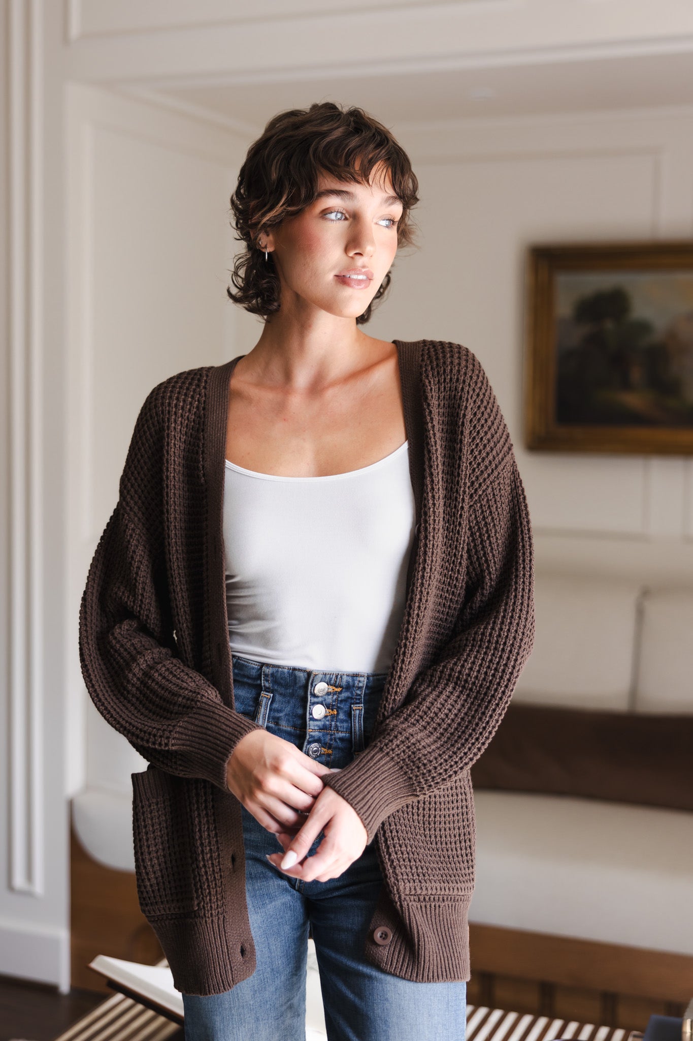 Chunky Knit Women's Waffle Cardigan in Espresso - Image 5