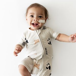 Zipper Shortall Romper in Fluffy Cat