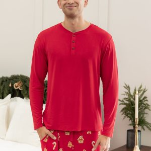 Men's Long Sleeve Henley Top in Cardinal
