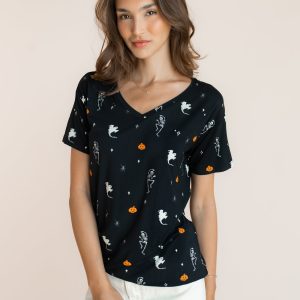 Women's Oversized V-Neck Tee in Halloween Friends