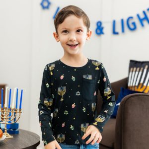 Long Sleeve Toddler Crew Neck Tee in Hanukkah Nights
