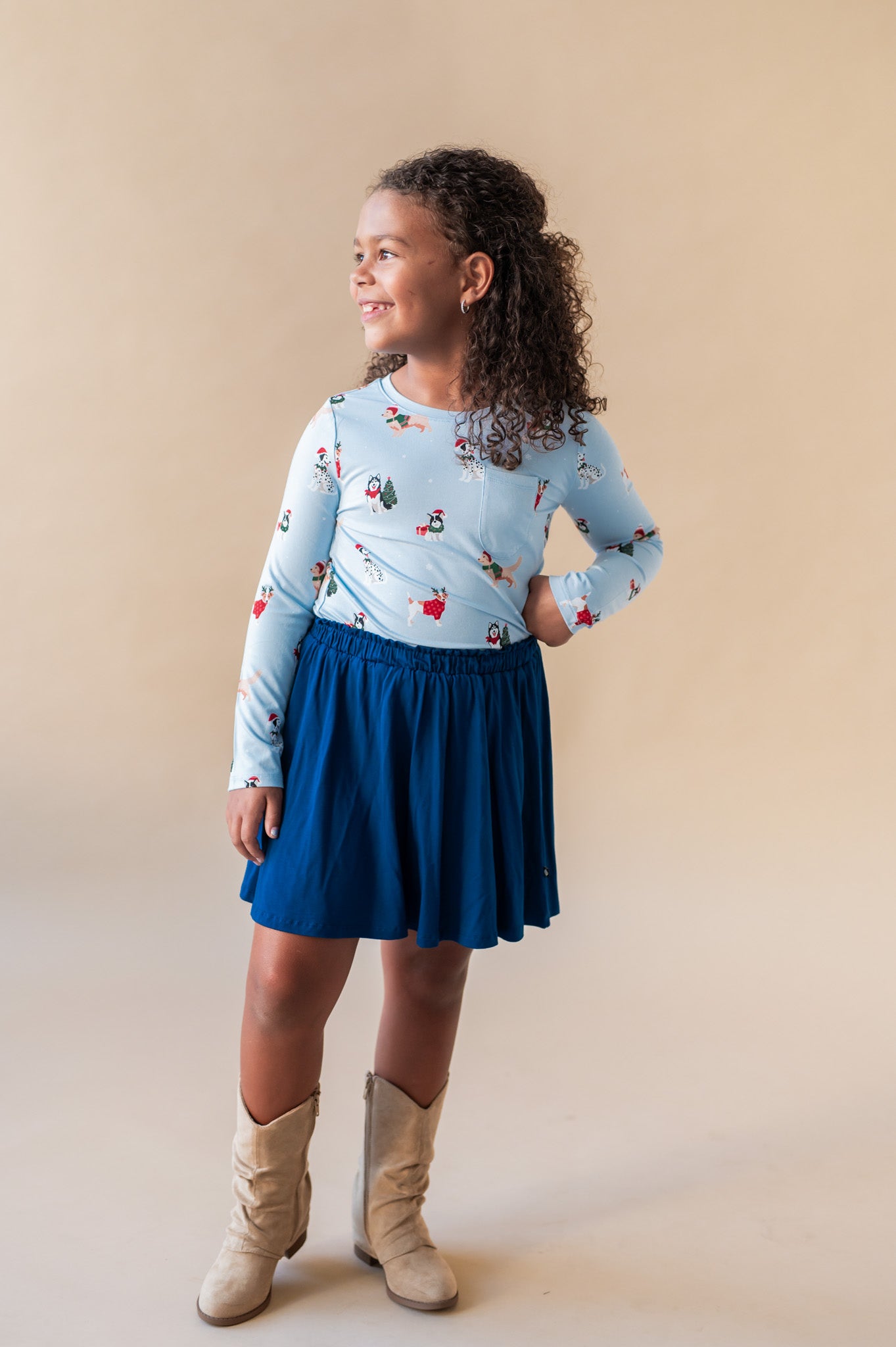 Long Sleeve Toddler Crew Neck Tee in Holiday Pups - Image 3