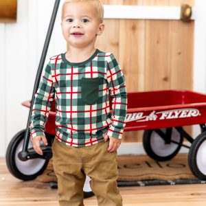 Long Sleeve Toddler Crew Neck Tee in Holiday Plaid
