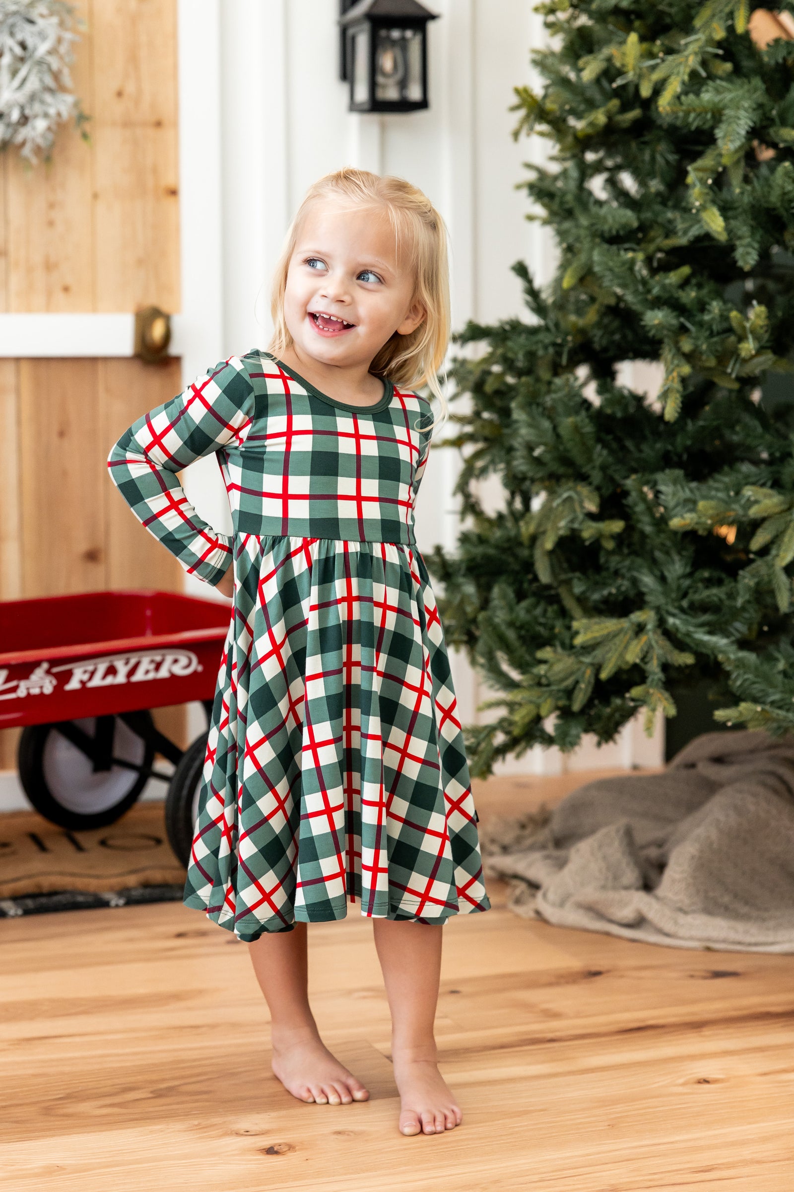 Long Sleeve Twirl Dress in Holiday Plaid