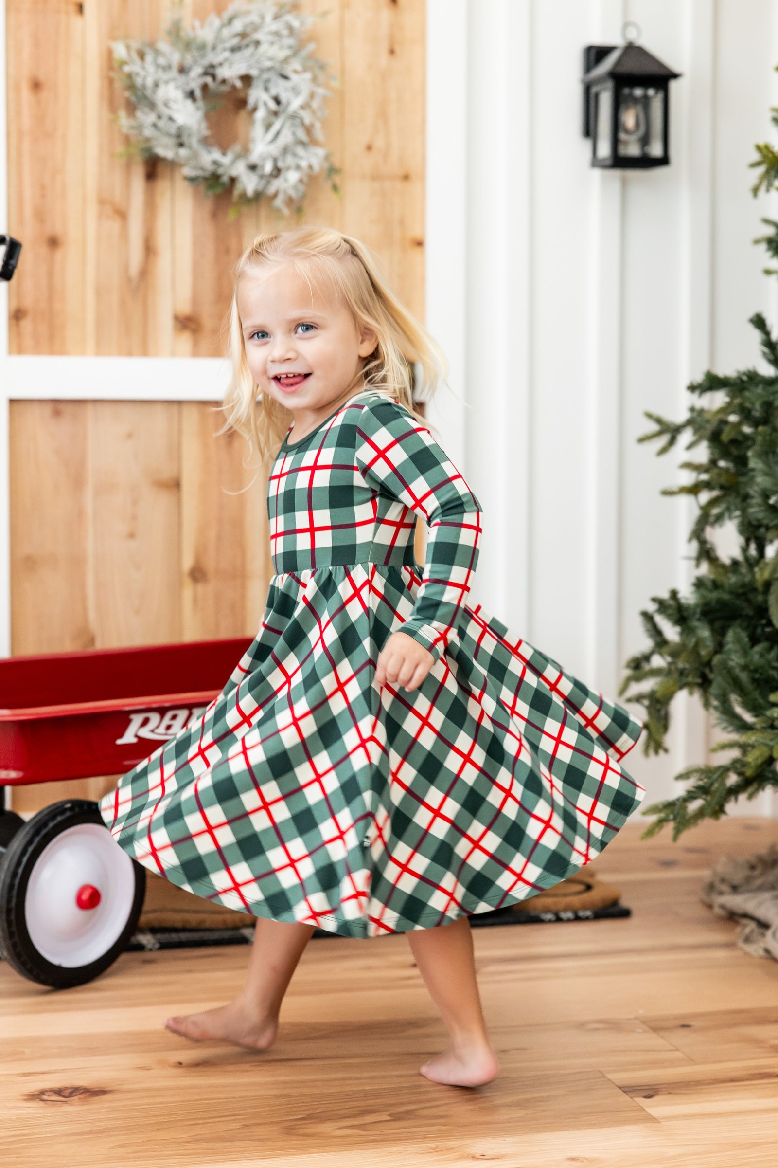 Long Sleeve Twirl Dress in Holiday Plaid - Image 3