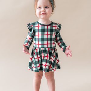 Long Sleeve Twirl Bodysuit Dress in Holiday Plaid