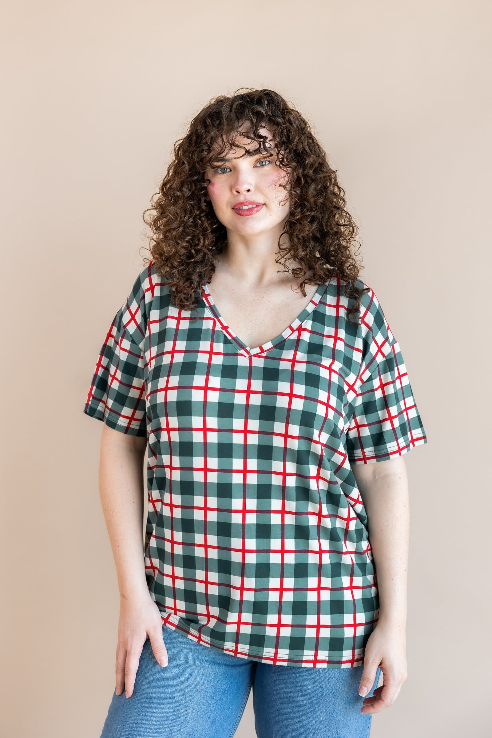 Women's Oversized V-Neck Tee in Holiday Plaid - Image 2