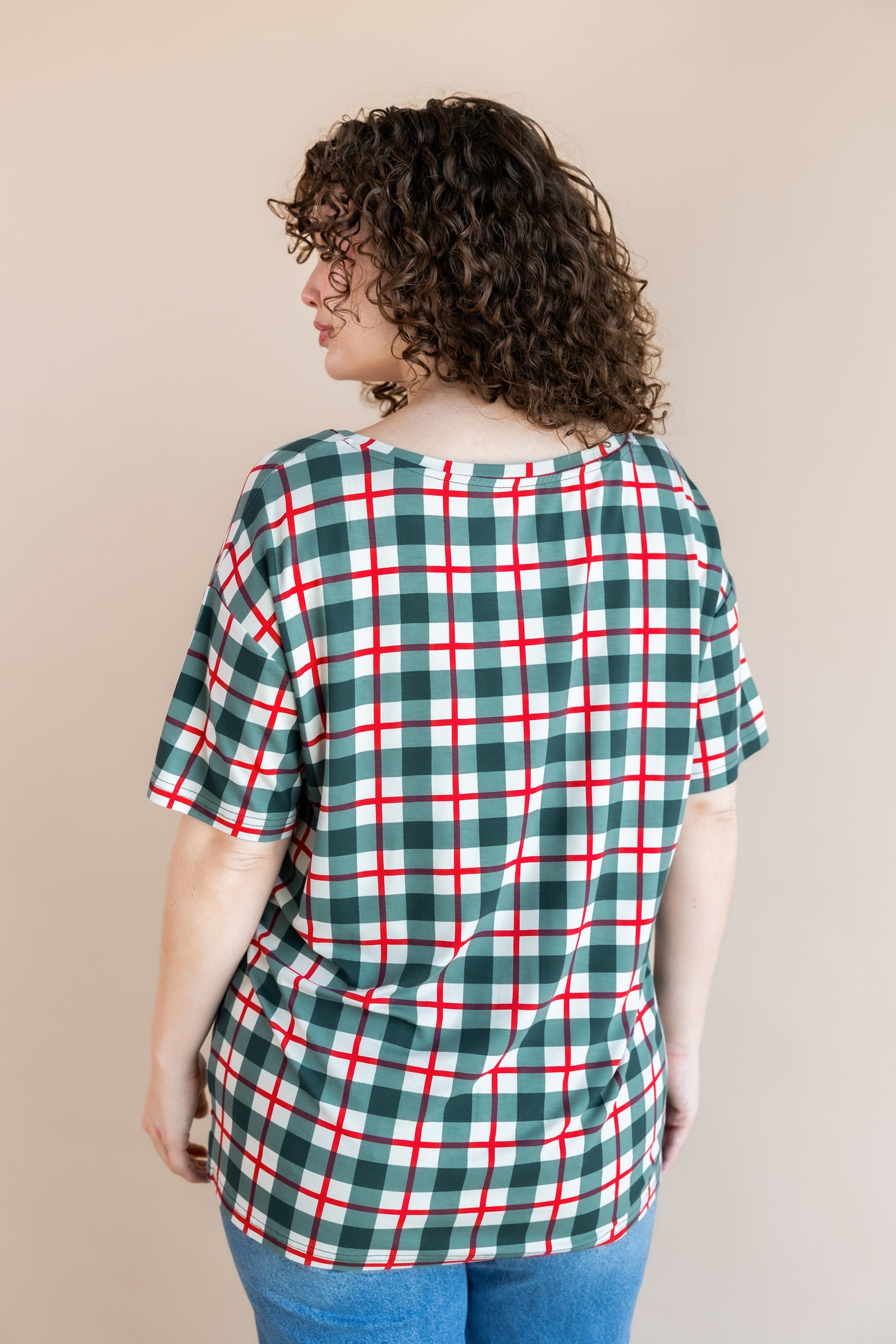 Women's Oversized V-Neck Tee in Holiday Plaid - Image 3