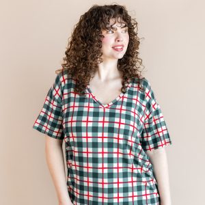 Women's Oversized V-Neck Tee in Holiday Plaid