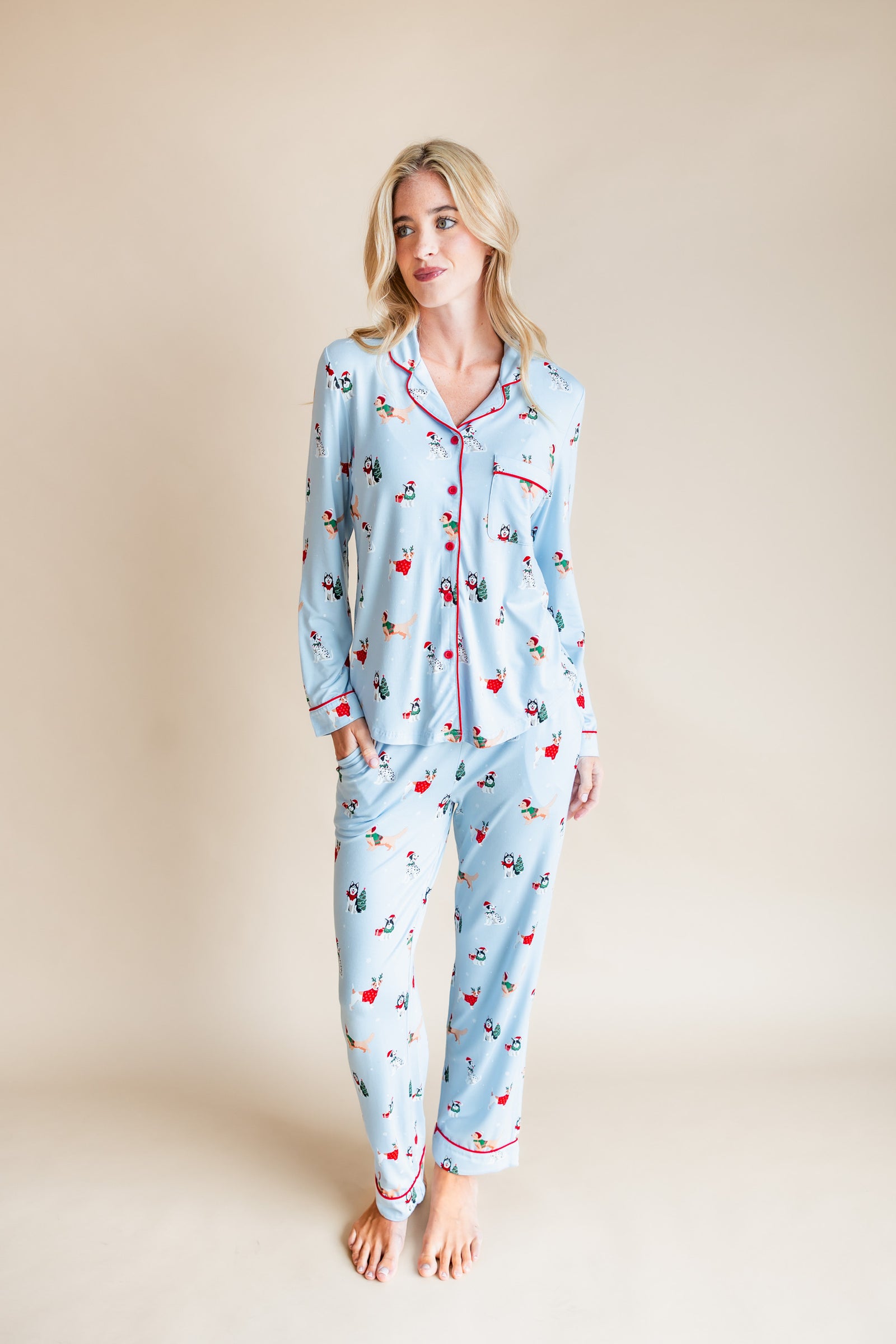 Long-Sleeved Women's Pajama Set in Holiday Pups - Image 7