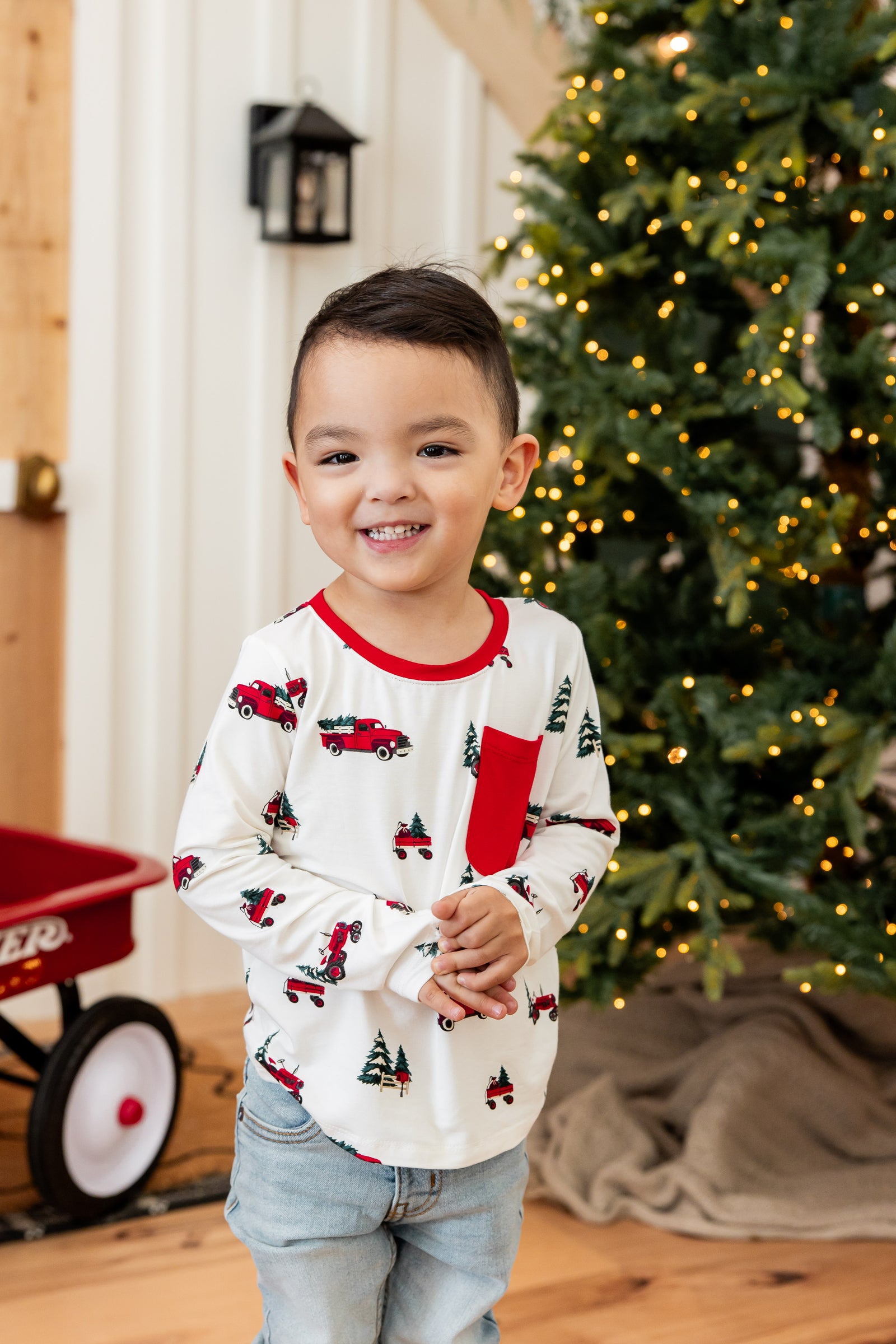 Long Sleeve Toddler Crew Neck Tee in Holiday Tree Farm - Image 3