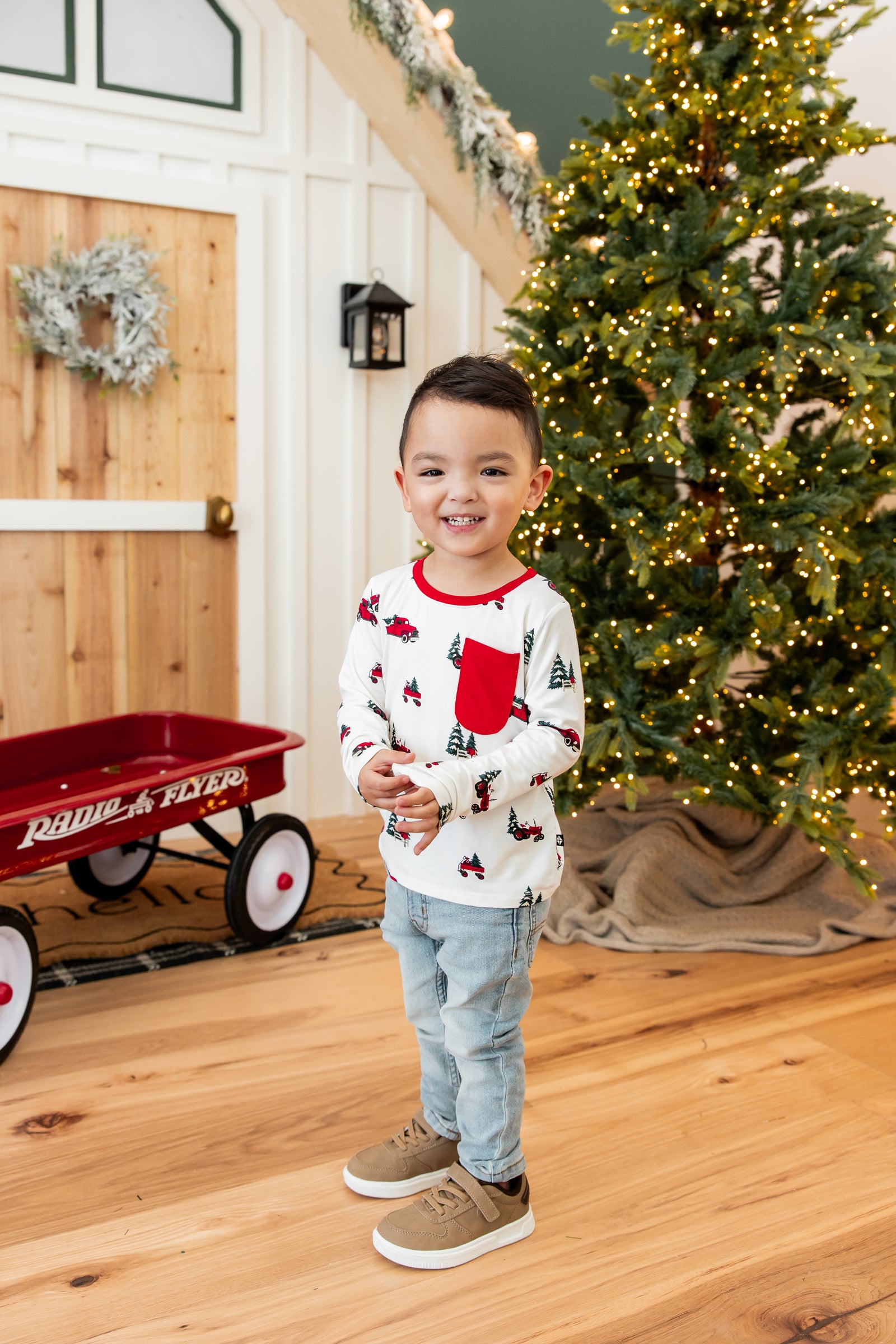 Long Sleeve Toddler Crew Neck Tee in Holiday Tree Farm - Image 4