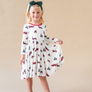 Long Sleeve Twirl Dress in Holiday Tree Farm