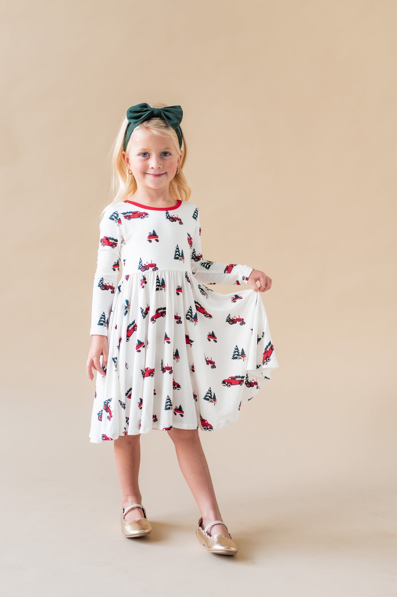 Long Sleeve Twirl Dress in Holiday Tree Farm