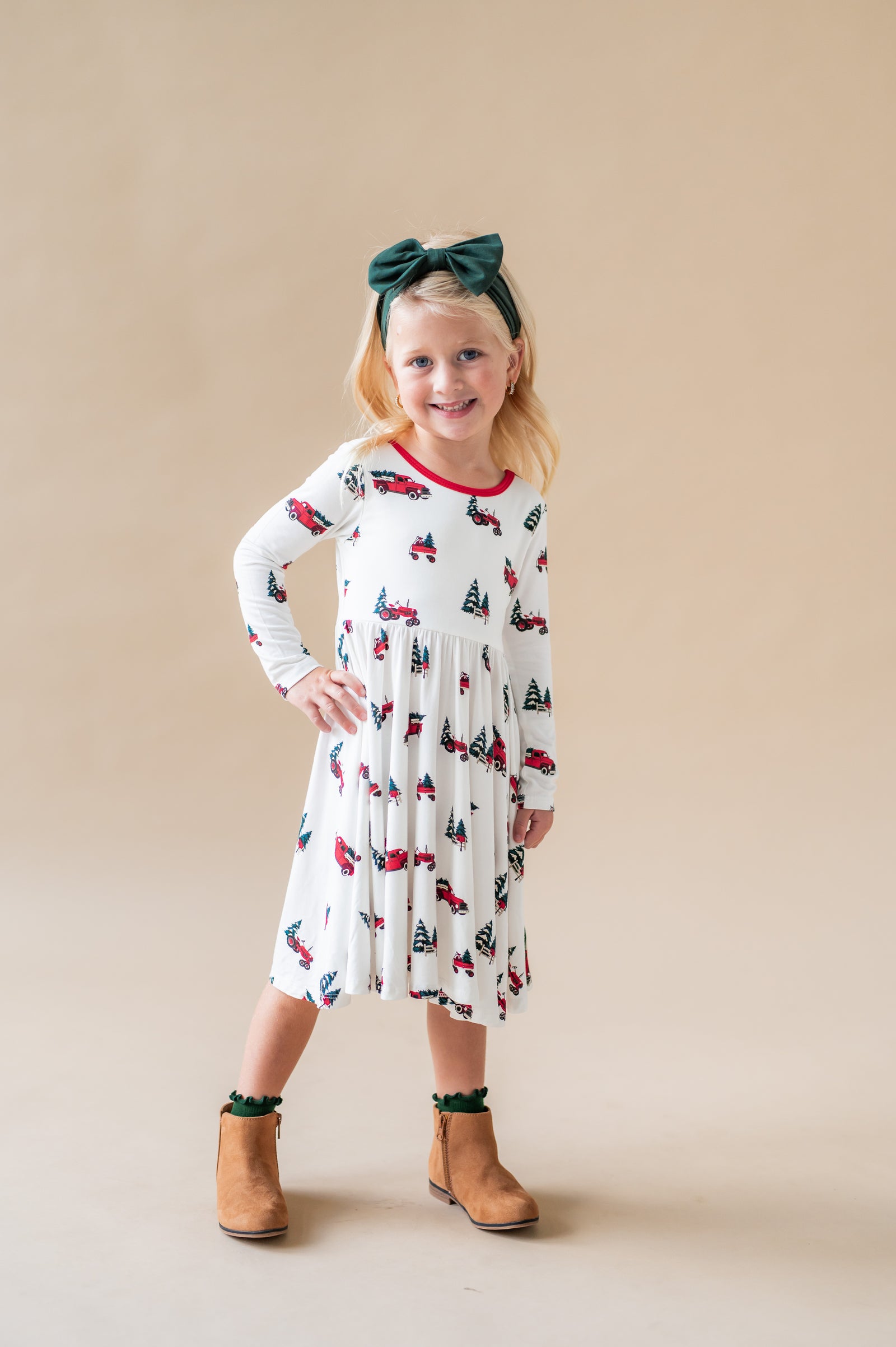 Long Sleeve Twirl Dress in Holiday Tree Farm - Image 3
