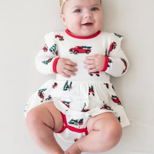 Long Sleeve Twirl Bodysuit Dress in Holiday Tree Farm