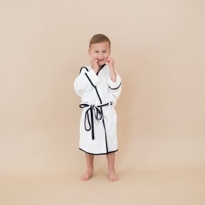 Hooded Bath Robe in Cloud with Midnight Trim