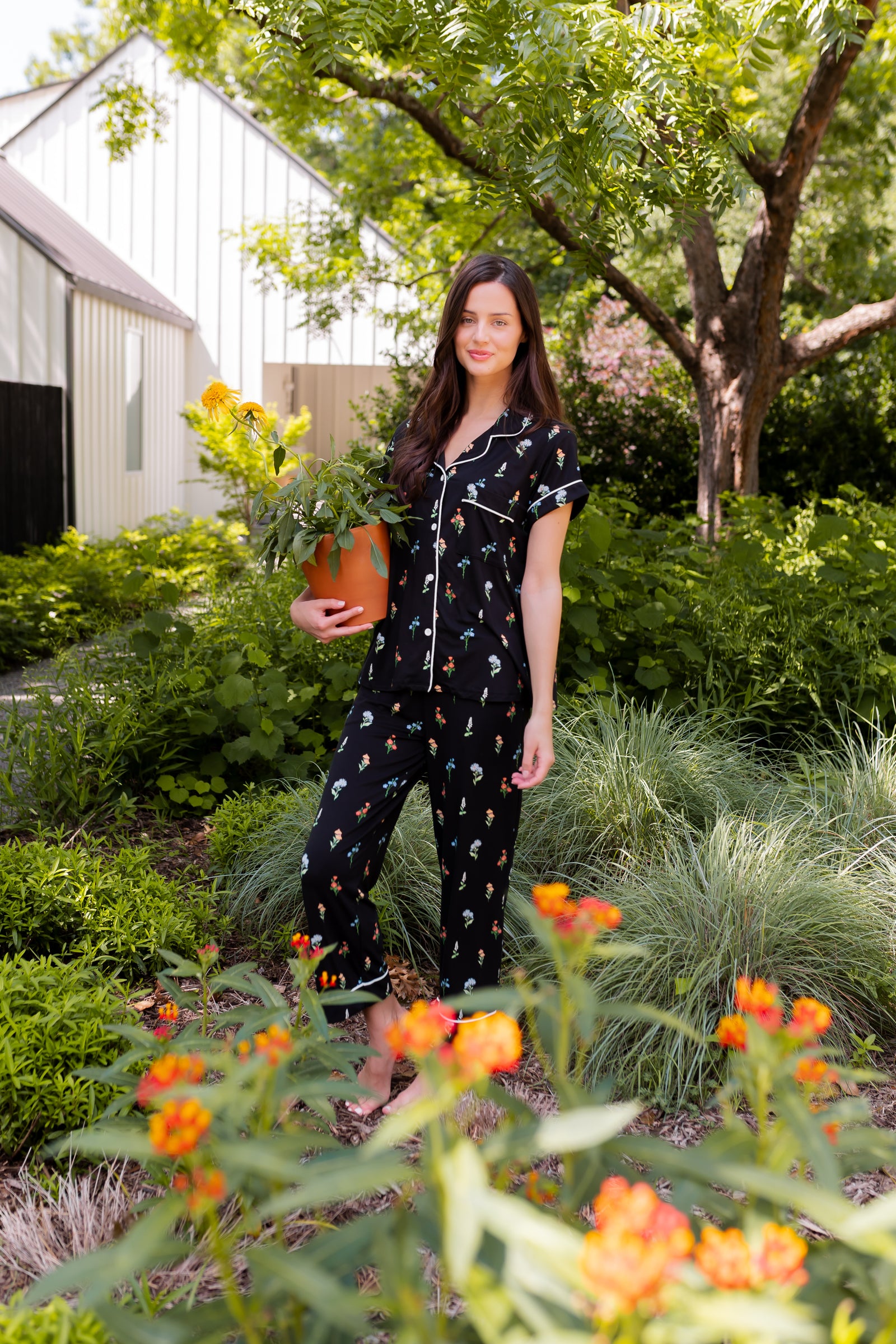 Women's Short Sleeve Cropped Pajama Set in Midnight Wildflower - Image 5