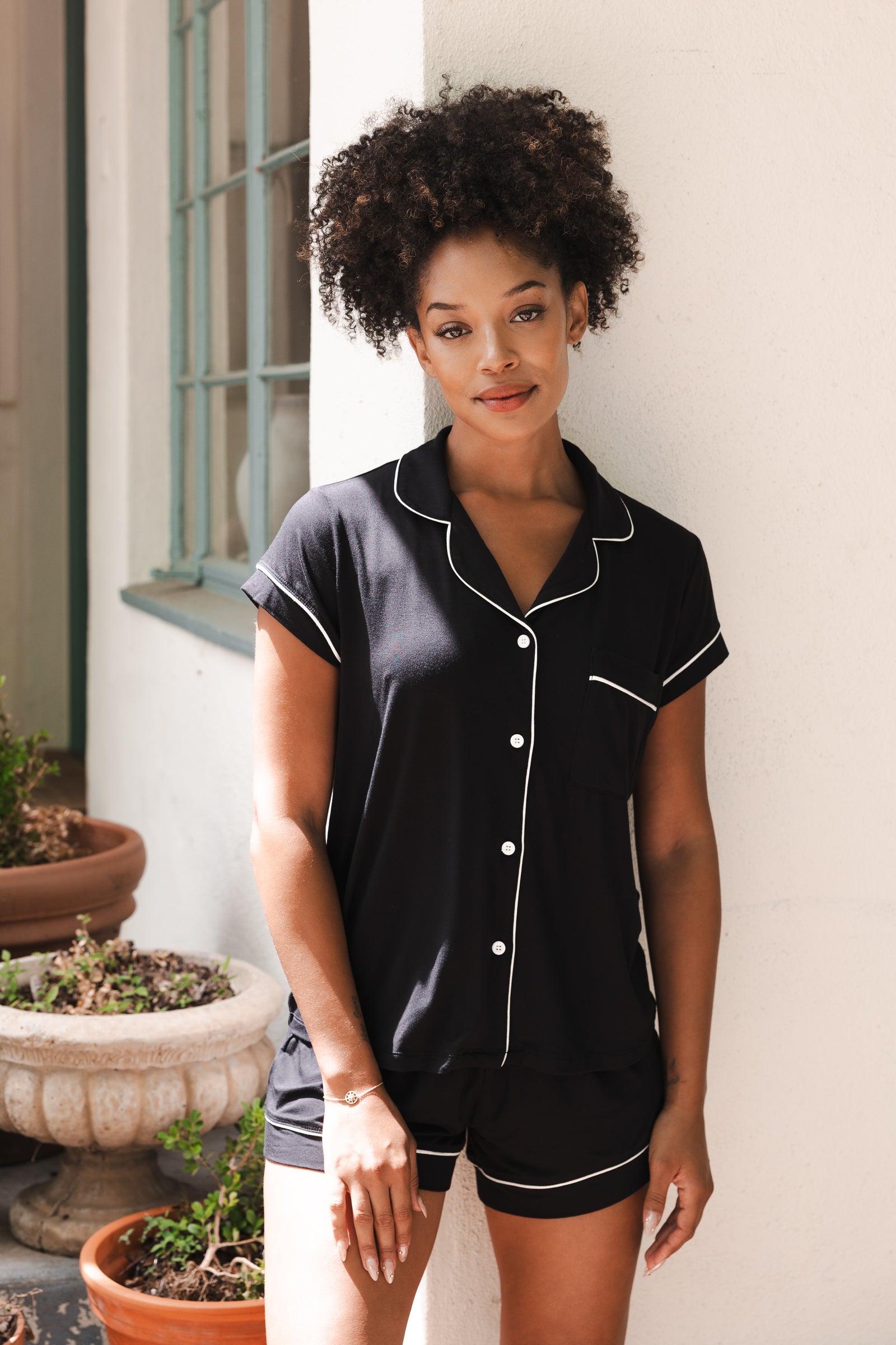 Women’s Short Sleeve Pajama Set in Midnight with Cloud Trim - Image 5
