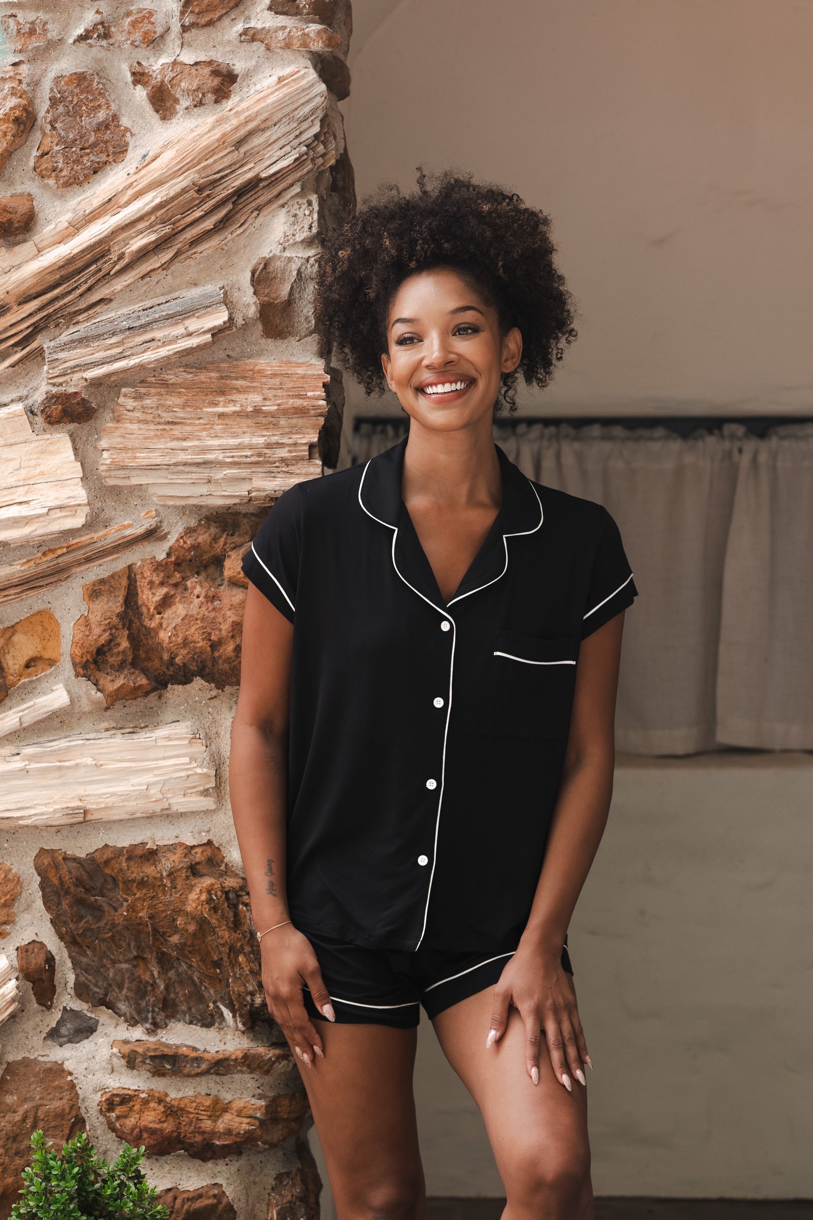 Women’s Short Sleeve Pajama Set in Midnight with Cloud Trim - Image 3