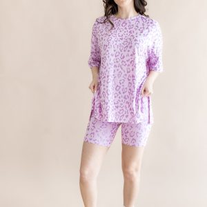 Women’s Biker Short Set in Thistle Leopard