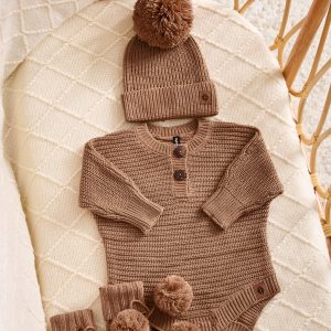 Chunky Knit Romper Set with Beanie & Booties in Latte