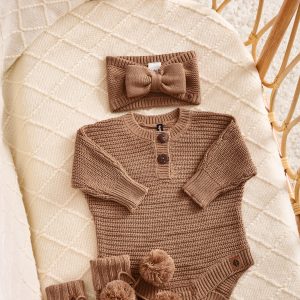 Chunky Knit Romper Set with Bow & Booties in Latte