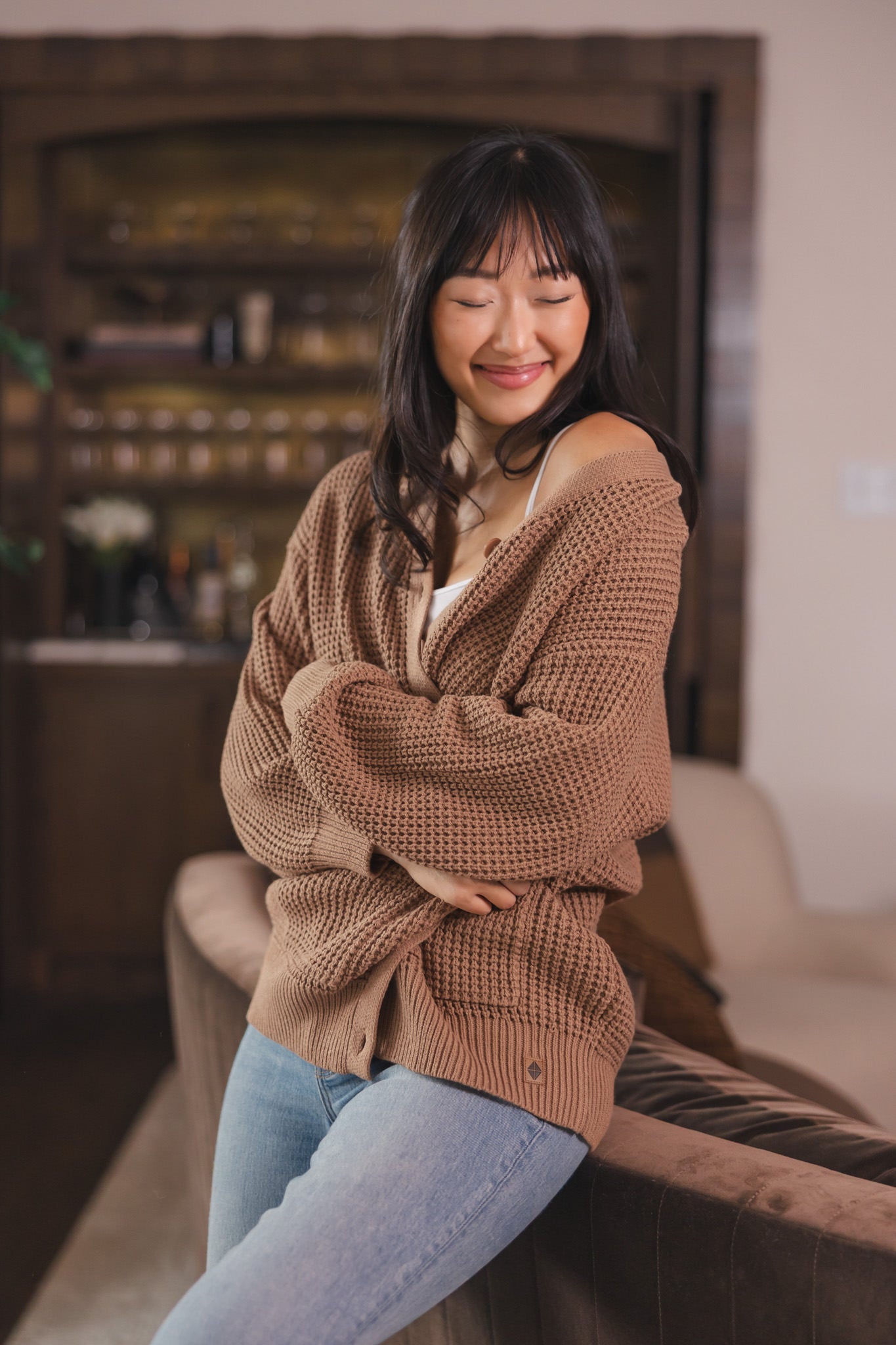 Chunky Knit Women's Waffle Cardigan in Latte - Image 2