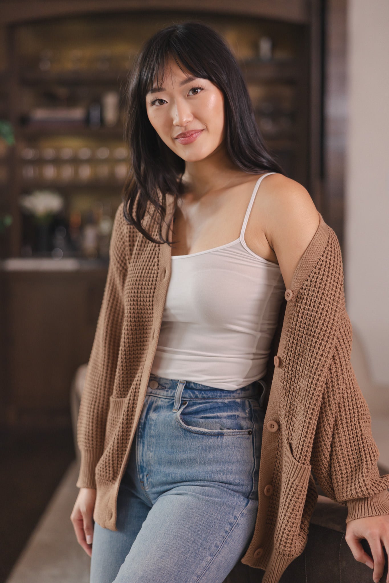 Chunky Knit Women's Waffle Cardigan in Latte - Image 3