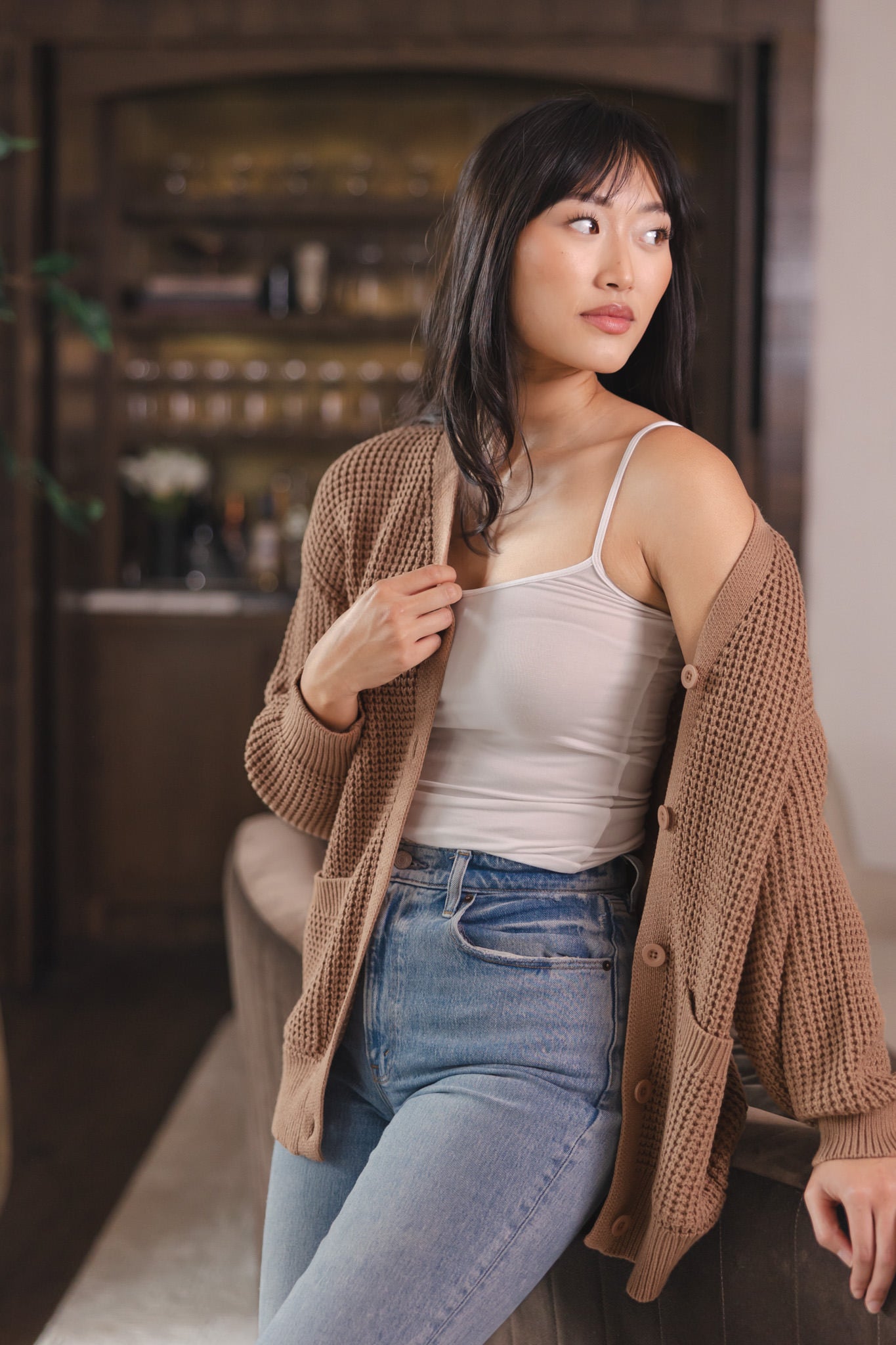 Chunky Knit Women's Waffle Cardigan in Latte - Image 4