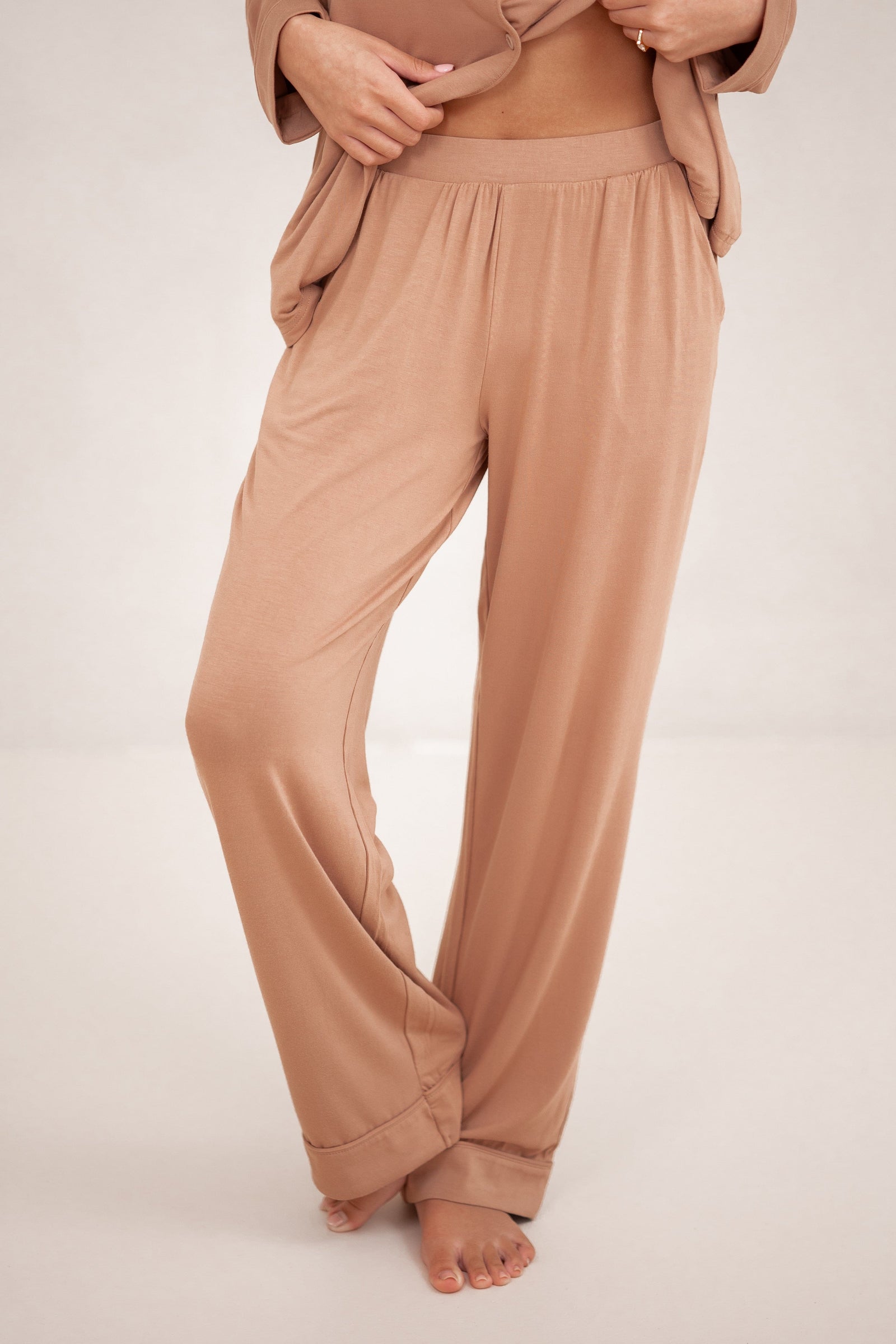 Long-Sleeved Women's Pajama Set in Latte with Latte Trim - Image 4