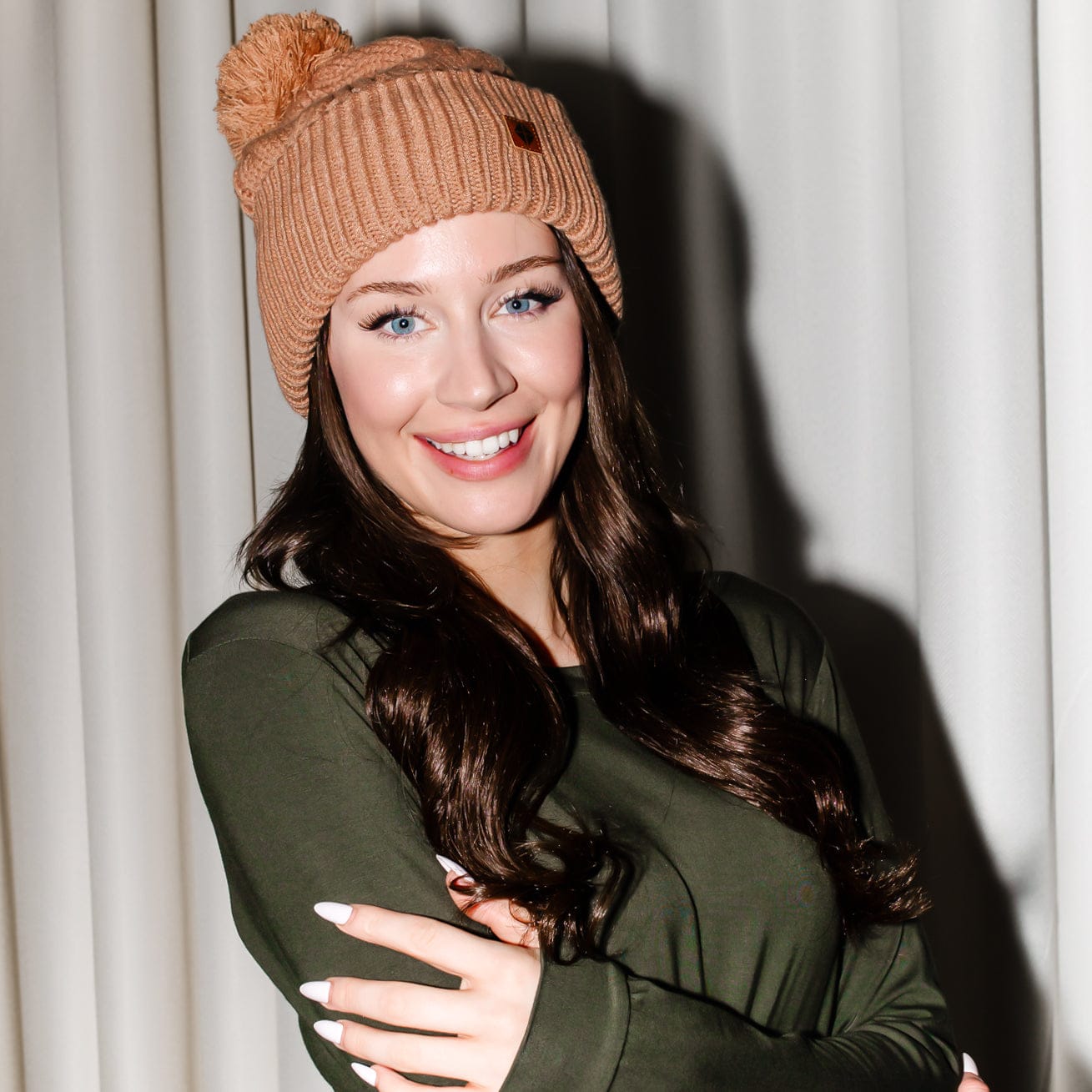 Cable Knit Adult Pom Beanie in Latte - Image 3