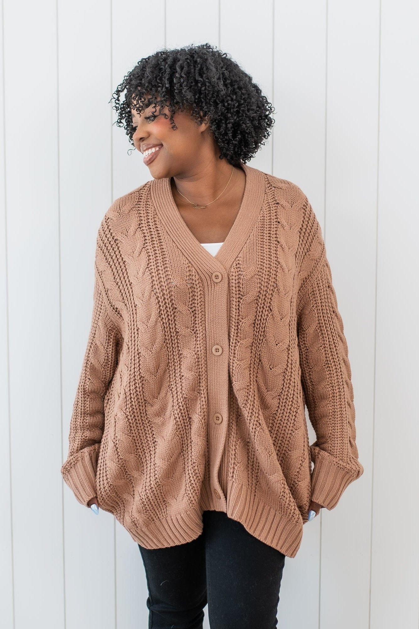 Cable Knit Adult Cardigan in Latte - Image 3