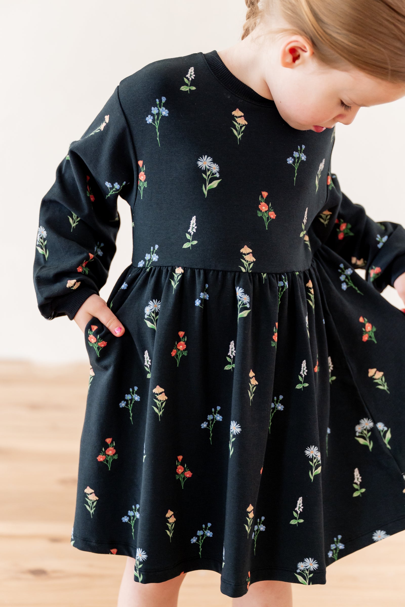 Long Sleeve Skater Dress in Midnight Wildflower - Image 2