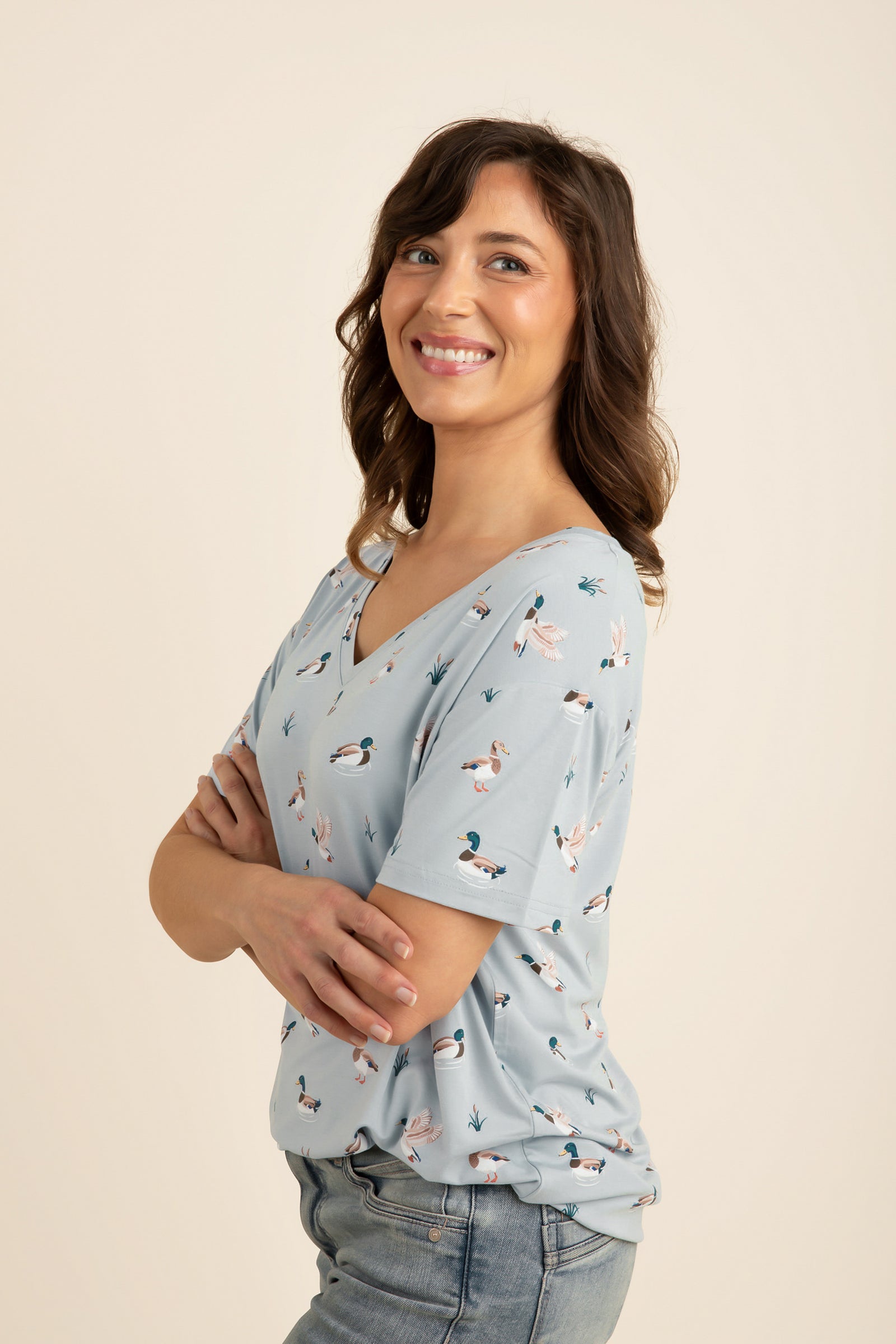 Women's Oversized V-Neck Tee in Mallard Duck - Image 2