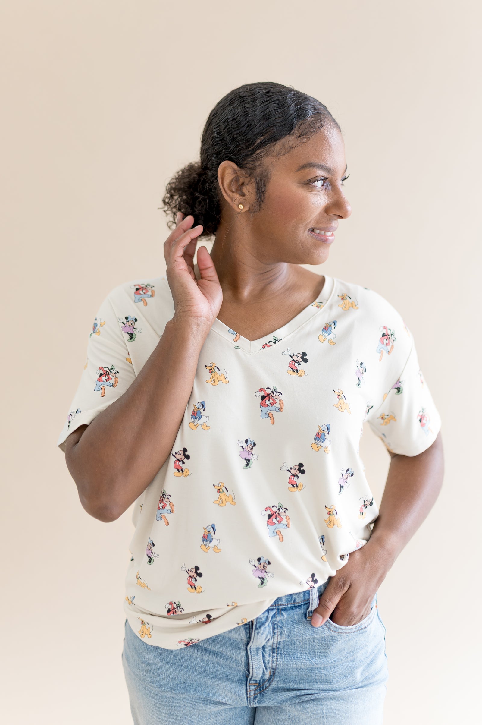 Women's Oversized V-Neck Tee in Mickey Mouse and Friends