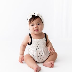 Smocked Bubble Romper in Midnight Polka Dot