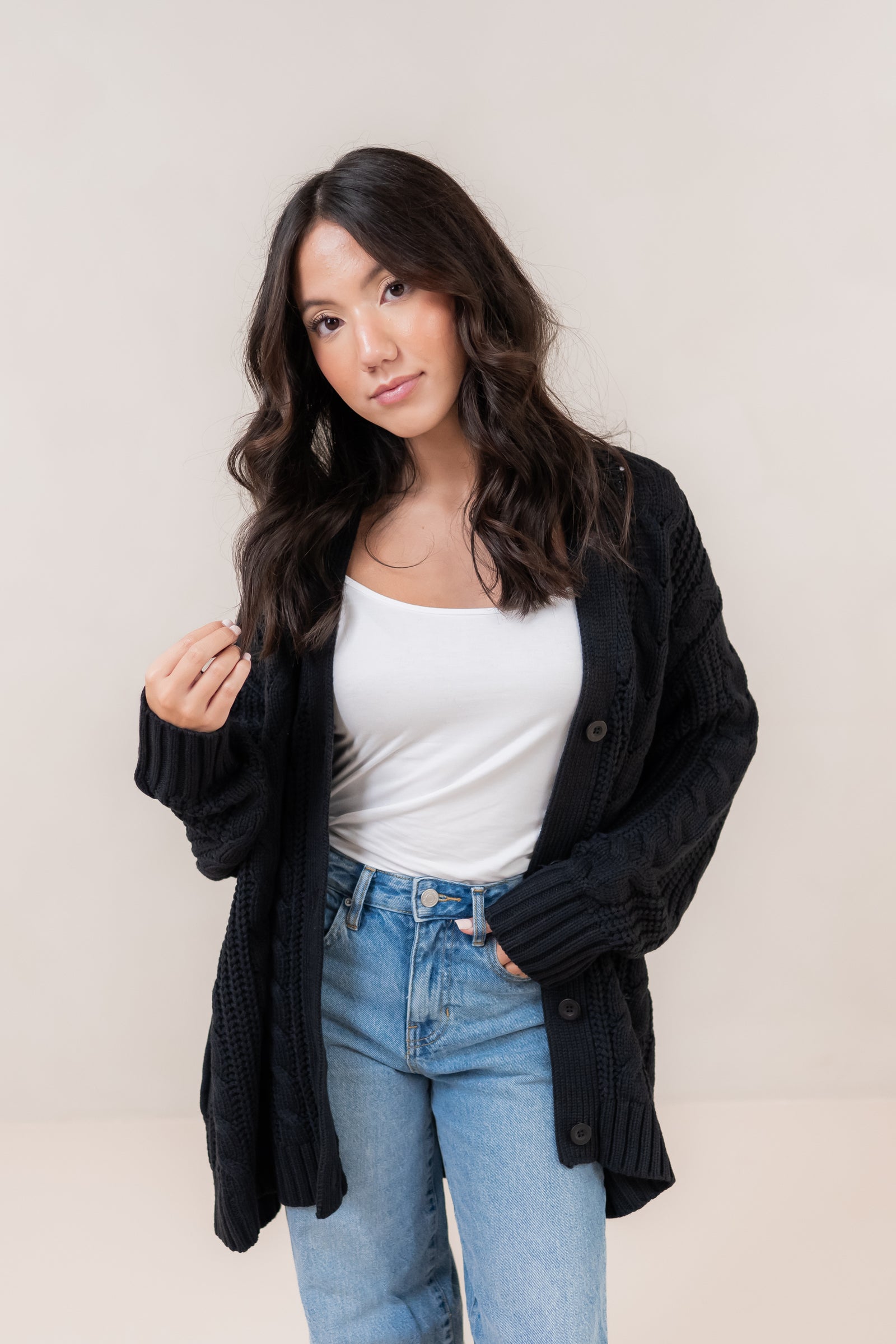 Cable Knit Adult Cardigan in Midnight - Image 2
