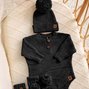Chunky Knit Romper Set with Beanie & Booties in Midnight