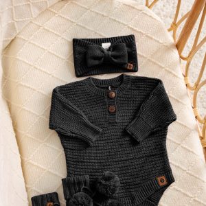 Chunky Knit Romper Set with Bow & Booties in Midnight