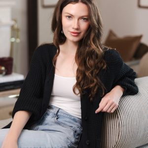 Chunky Knit Women's Waffle Cardigan in Midnight
