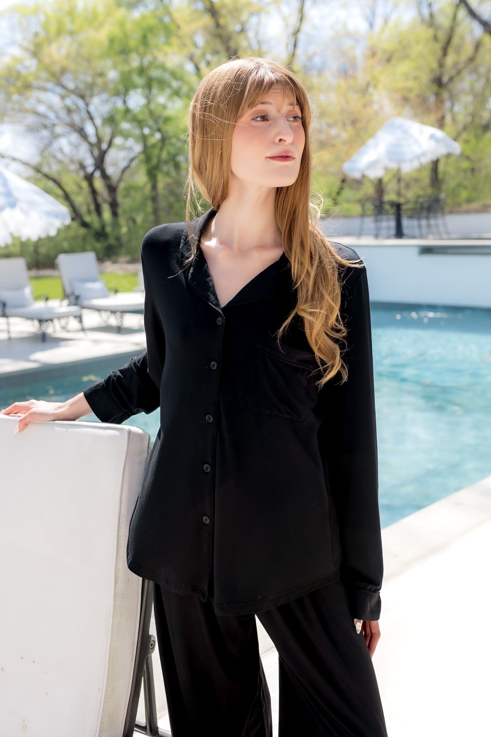 Long-Sleeved Women's Pajama Set in Midnight with Midnight Trim - Image 2