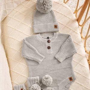 Chunky Knit Romper Set with Beanie & Booties in Oat