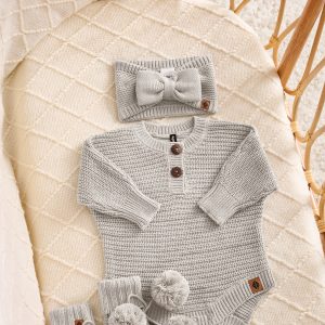 Chunky Knit Romper Set with Bow & Booties in Oat