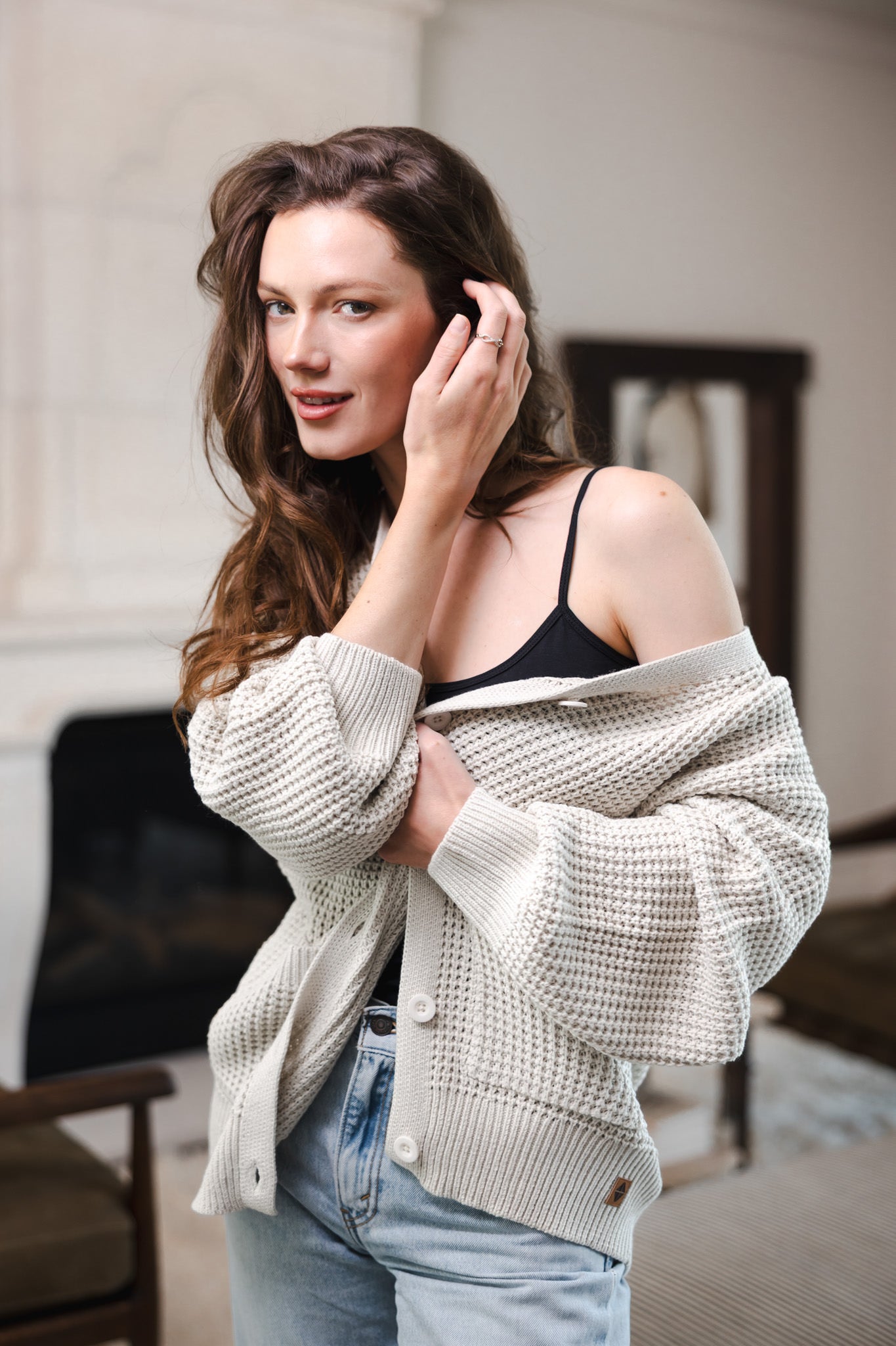 Chunky Knit Women's Waffle Cardigan in Oat - Image 3