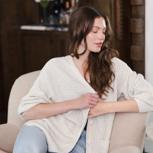 Chunky Knit Women's Waffle Cardigan in Oat