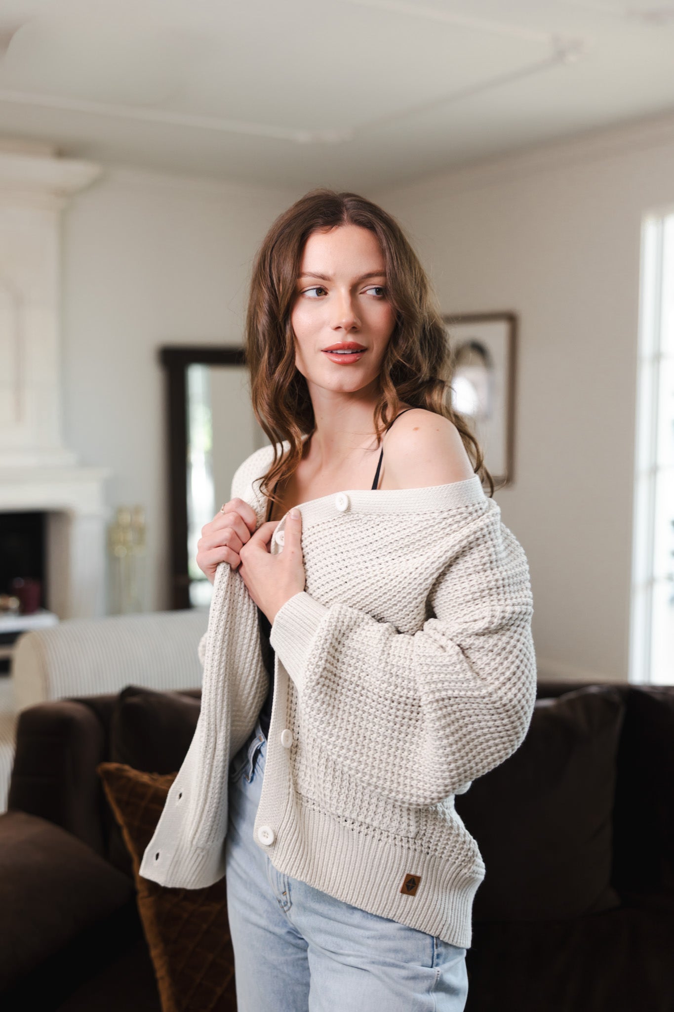 Chunky Knit Women's Waffle Cardigan in Oat - Image 2