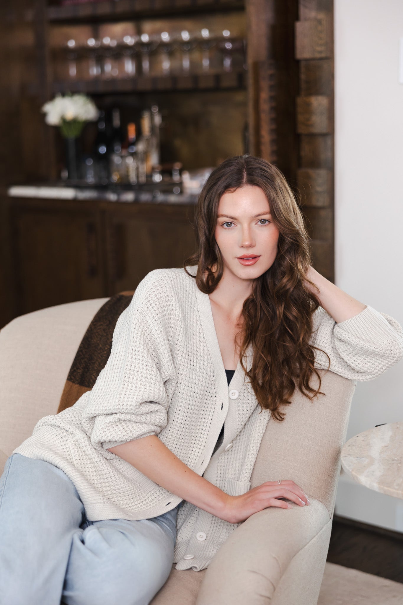 Chunky Knit Women's Waffle Cardigan in Oat - Image 4