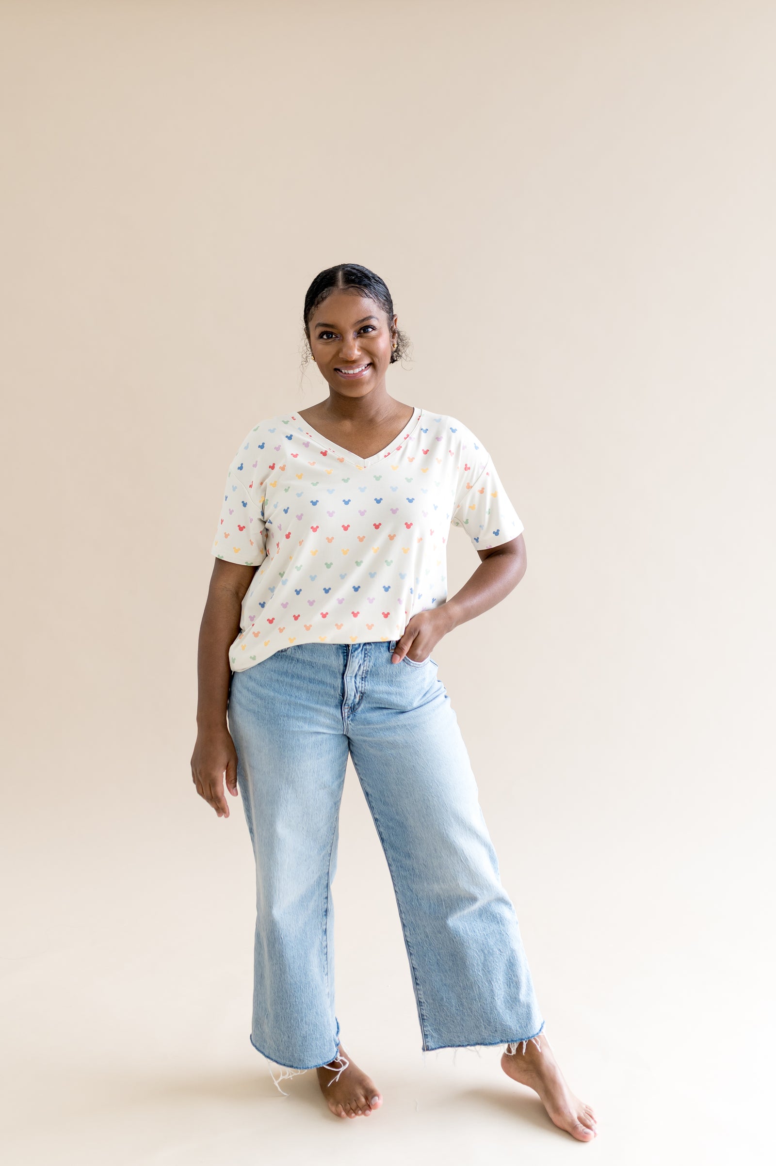 Women's Oversized V-Neck Tee in Pastel Mickey Mouse - Image 4