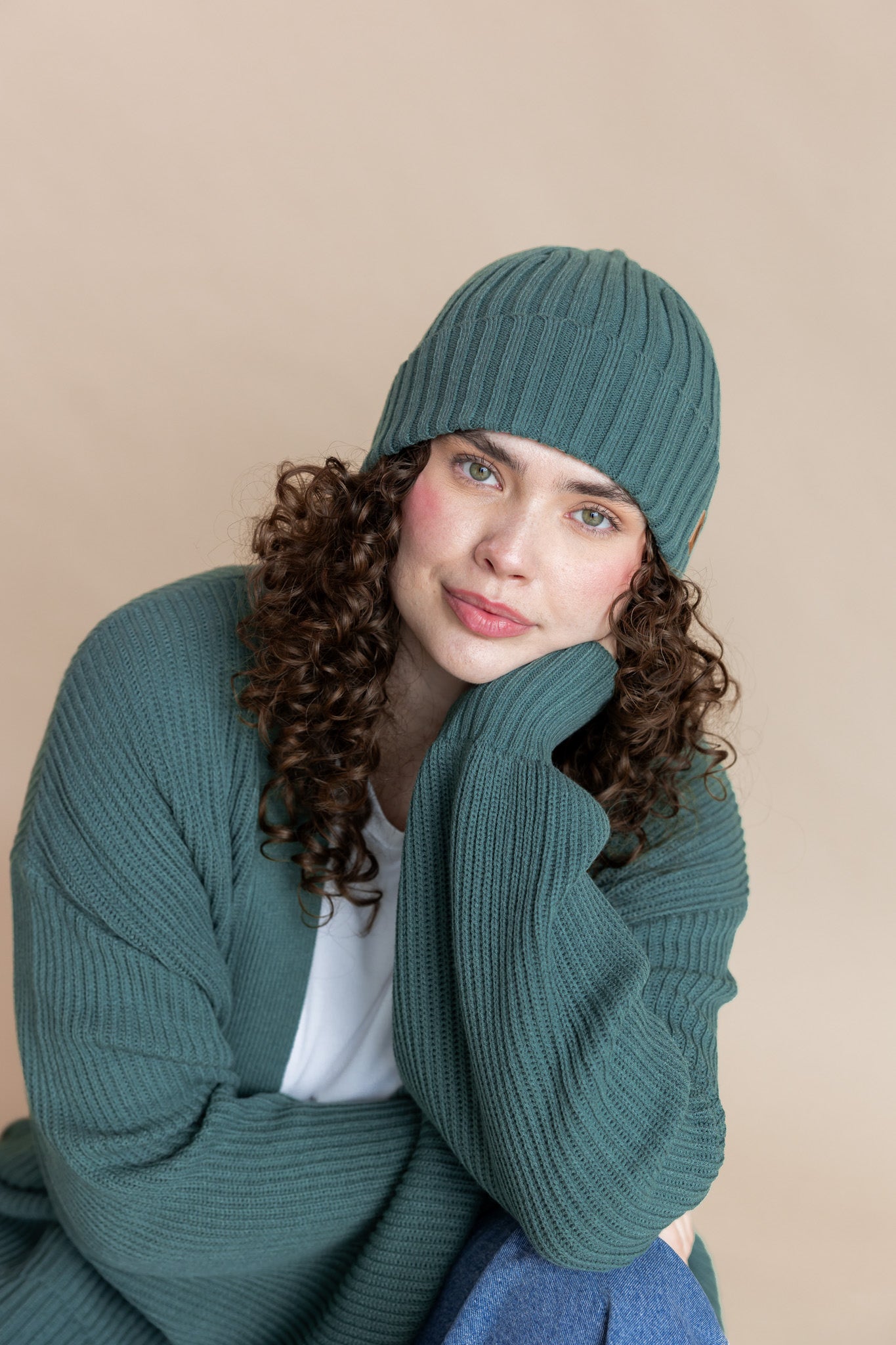Chunky Knit Adult Ribbed Beanie in Pine